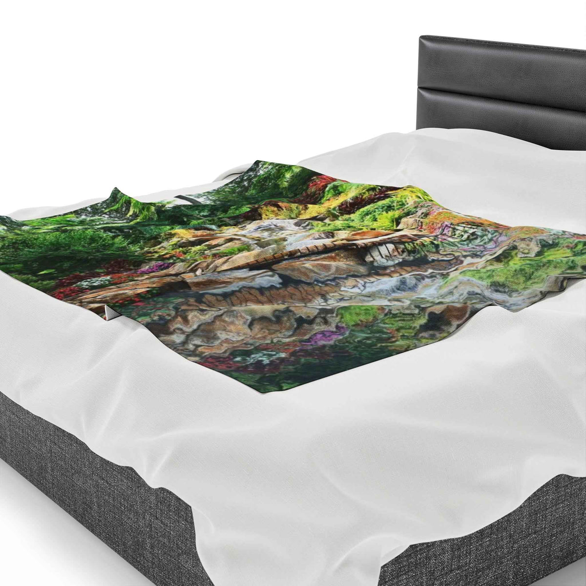 Tropical Waterfall with Reflection Velveteen Plush Blanket