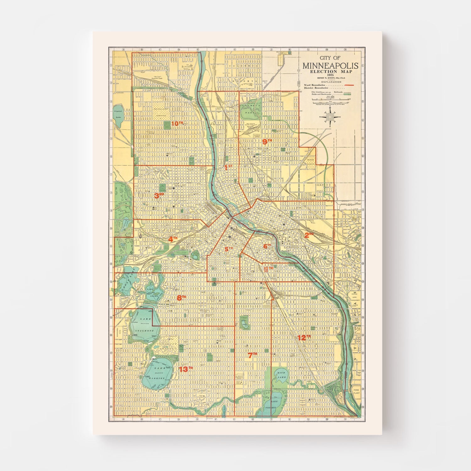 Vintage Map of Minneapolis, Minnesota 1924