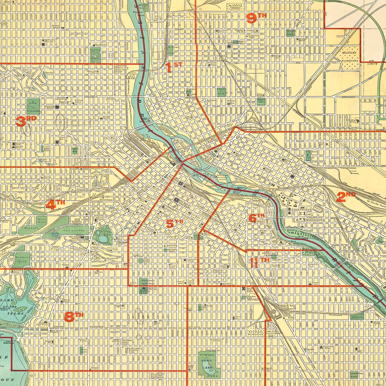 Vintage Map of Minneapolis, Minnesota 1924