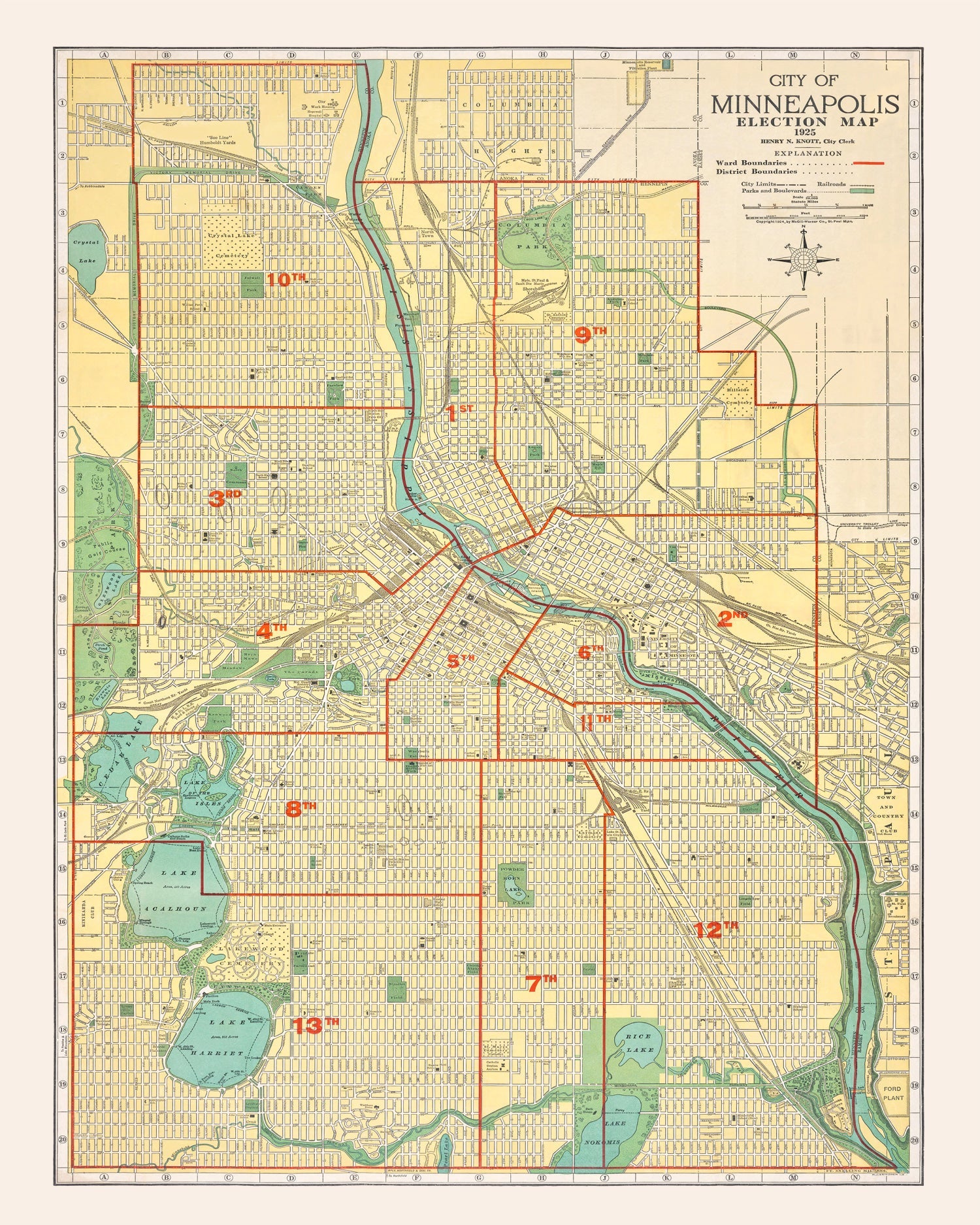 Vintage Map of Minneapolis, Minnesota 1924