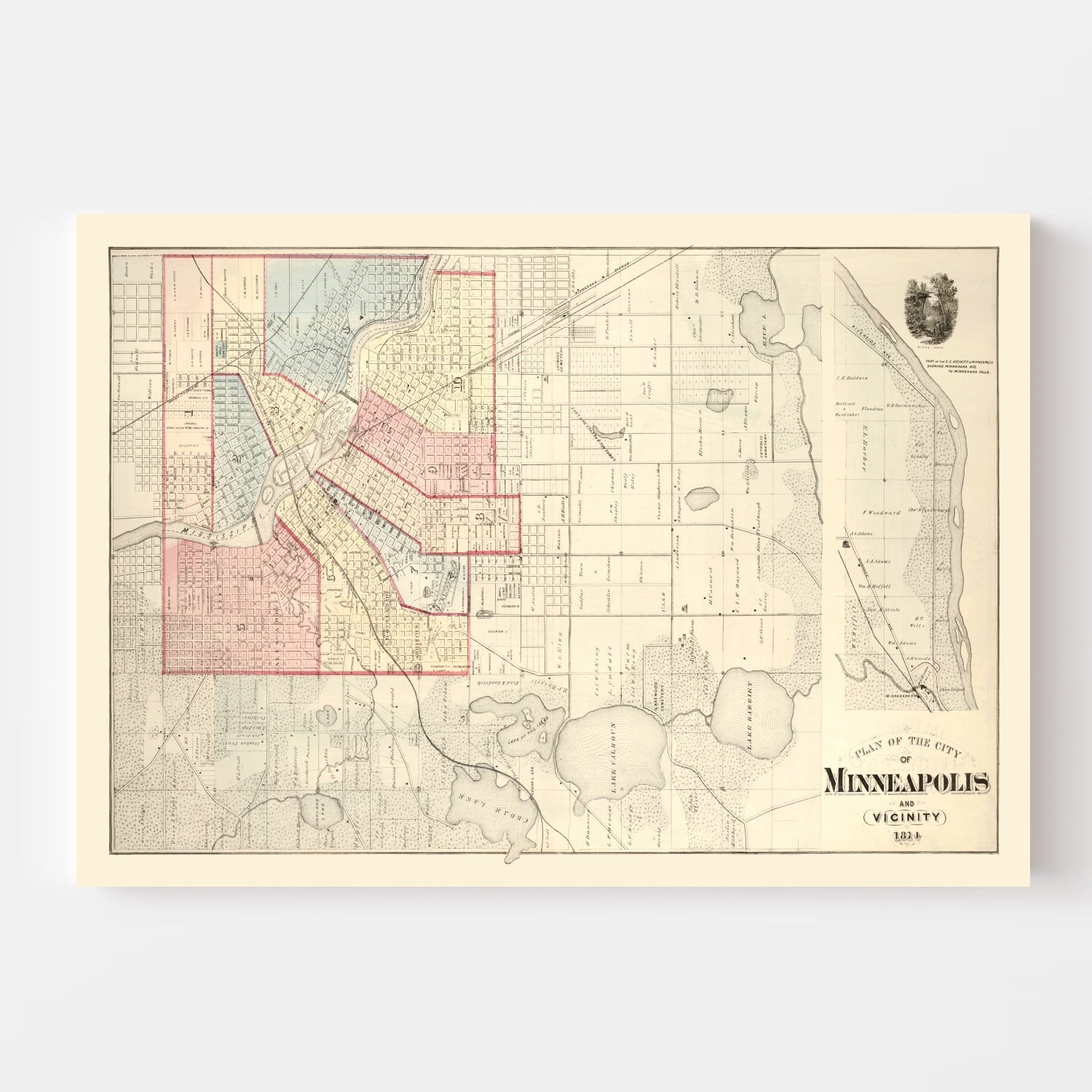 Vintage Map of Minneapolis, Minnesota 1874