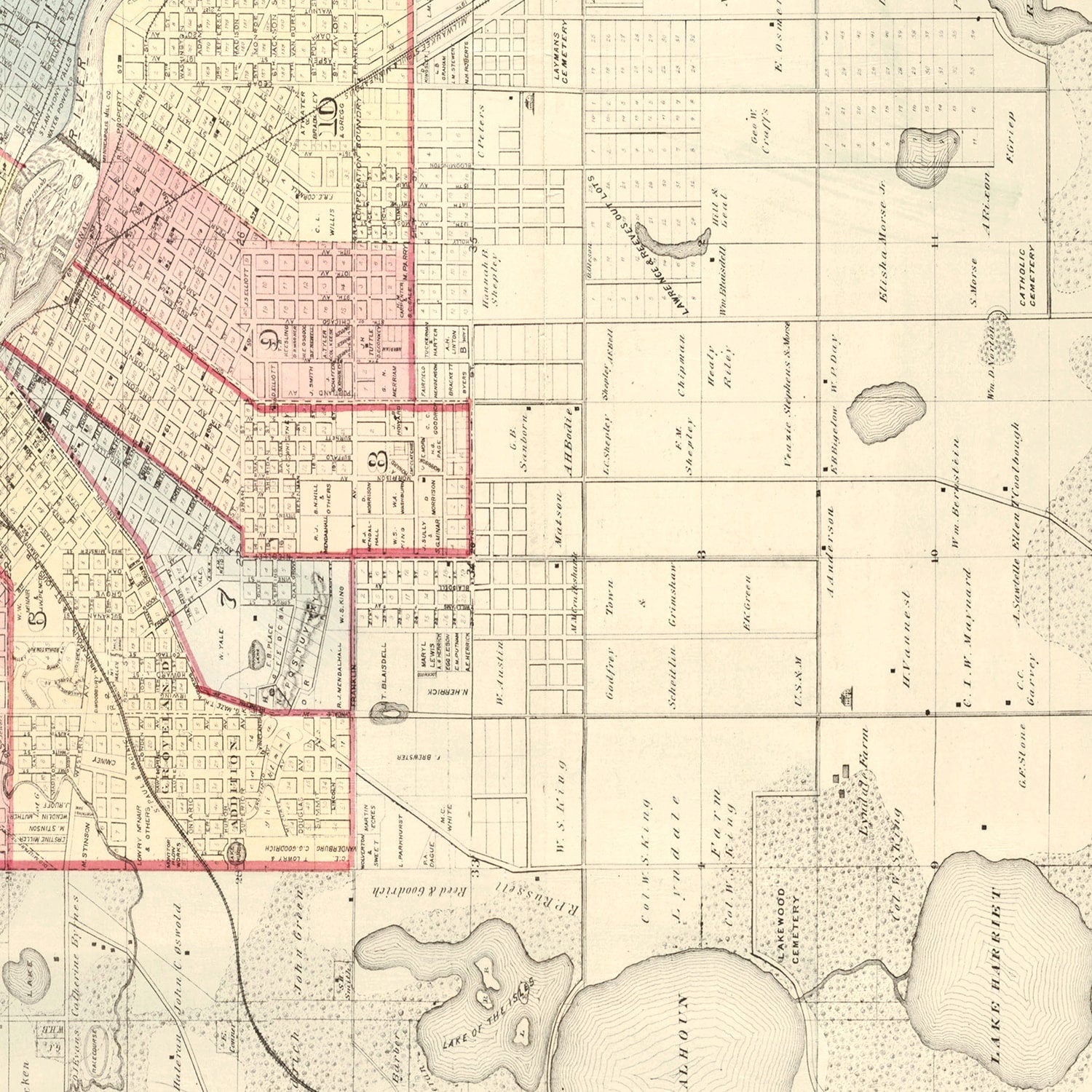 Vintage Map of Minneapolis, Minnesota 1874