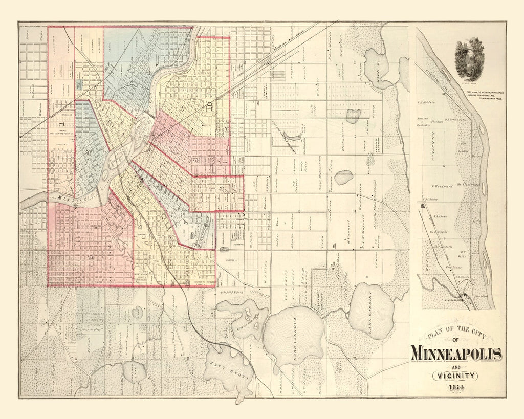 Vintage Map of Minneapolis, Minnesota 1874