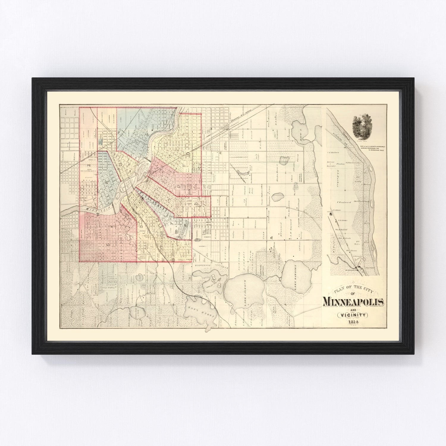 Vintage Map of Minneapolis, Minnesota 1874