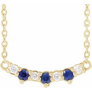 14K Yellow Gold Lab-Grown Blue Sapphire & .05 CTW Natural Diamond Three-Stone Bar 18" Necklace