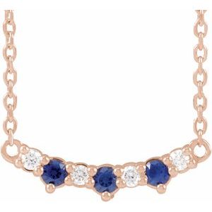 14K Rose Gold Lab-Grown Blue Sapphire & .05 CTW Natural Diamond Three-Stone Bar 18" Necklace