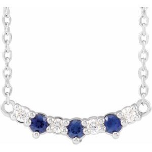 Sterling Silver Lab-Grown Blue Sapphire & .05 CTW Natural Diamond Three-Stone Bar 18" Necklace