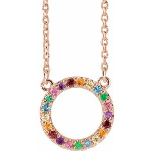 14K Rose Gold Natural Multi-Gemstone Rainbow Circle 16" Necklace