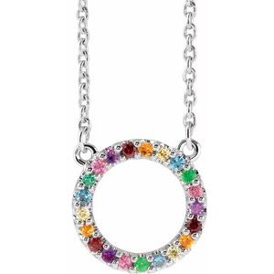 14K White Gold Natural Multi-Gemstone Rainbow Circle 16" Necklace