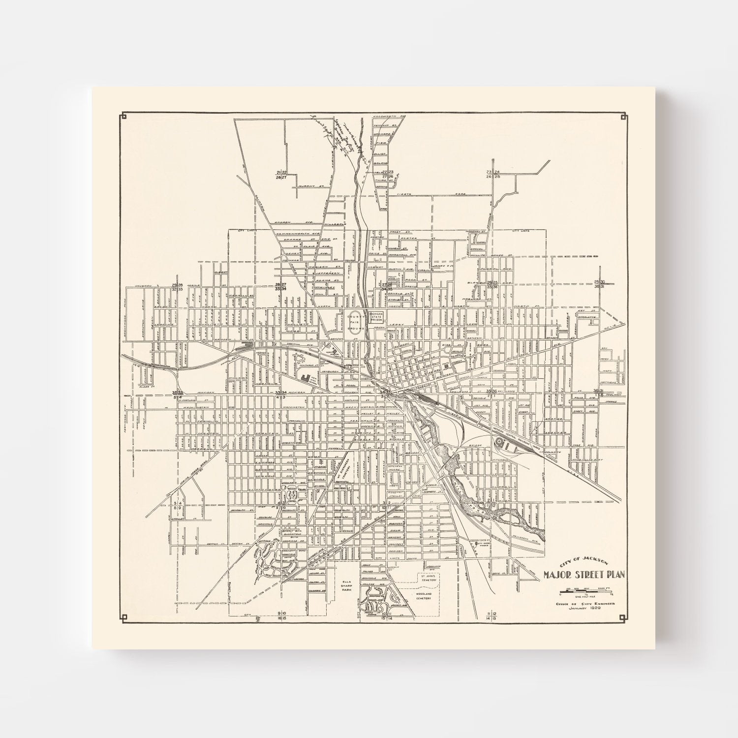 Vintage Map of Jackson, Michigan 1929