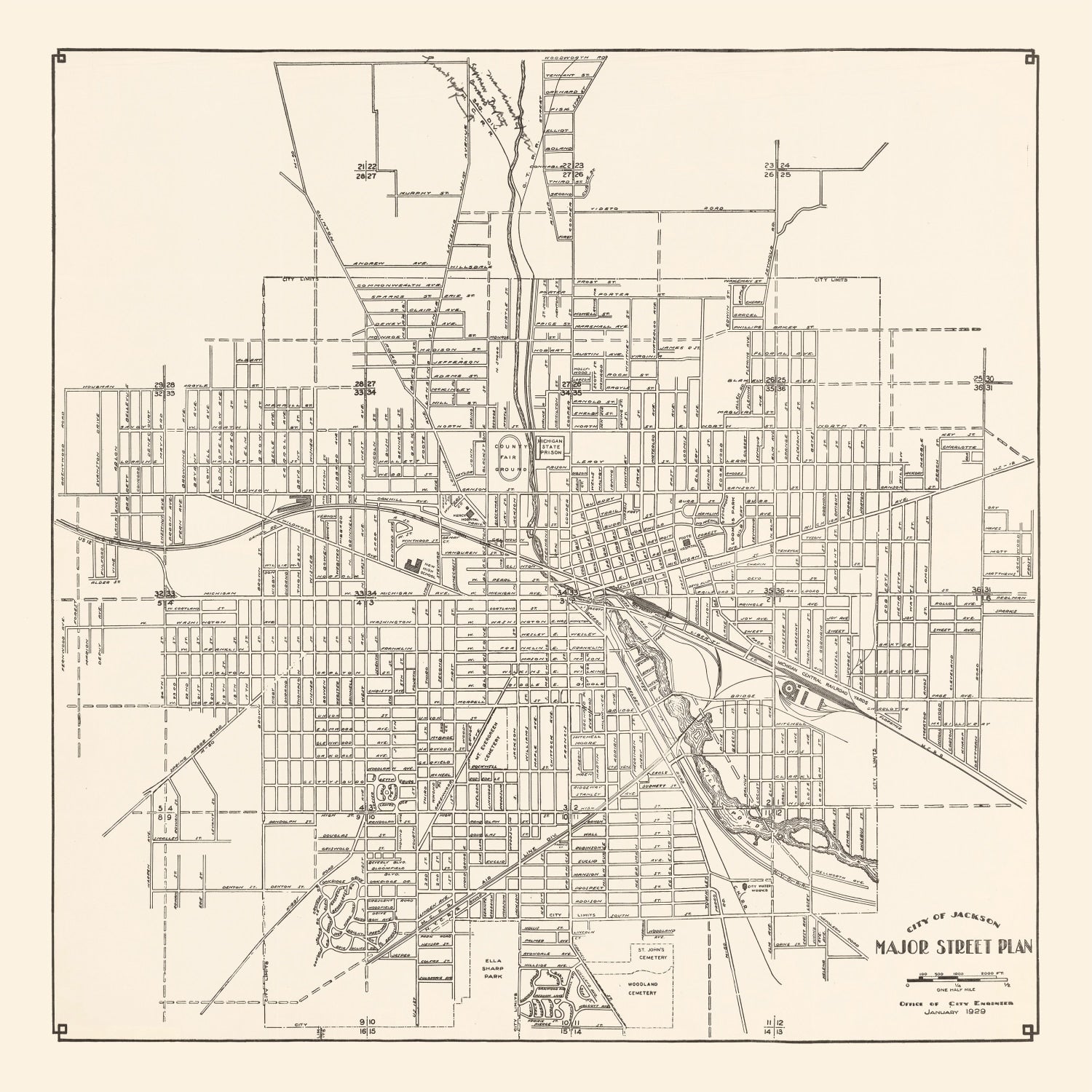 Vintage Map of Jackson, Michigan 1929
