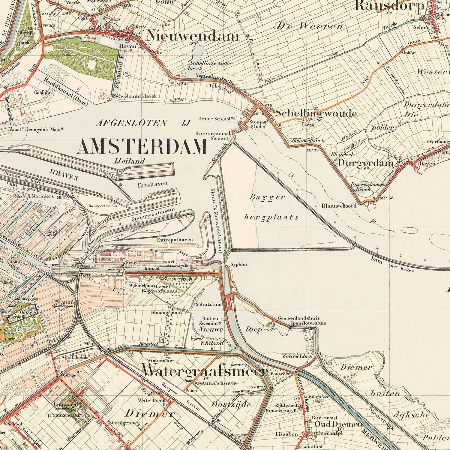 Vintage Map of Amsterdam, Netherlands 1929