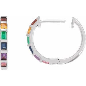 14K White Gold Natural Multi-Gemstone Rainbow Hoop Earrings – image 3