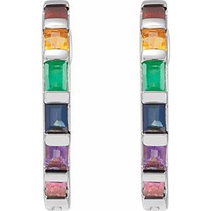 14K White Gold Natural Multi-Gemstone Rainbow Hoop Earrings – image 2