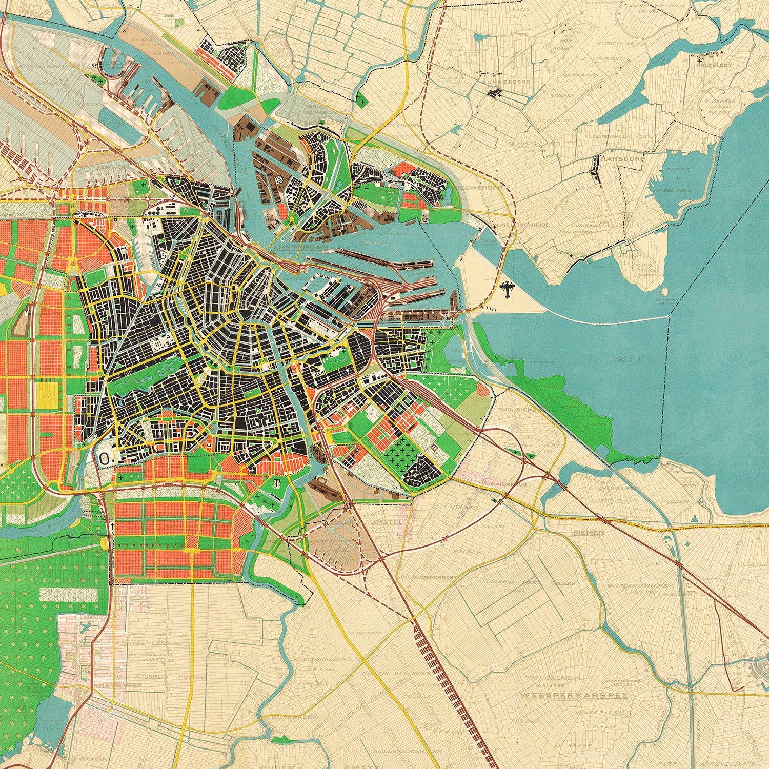 Vintage Map of Amsterdam, Netherlands 1927