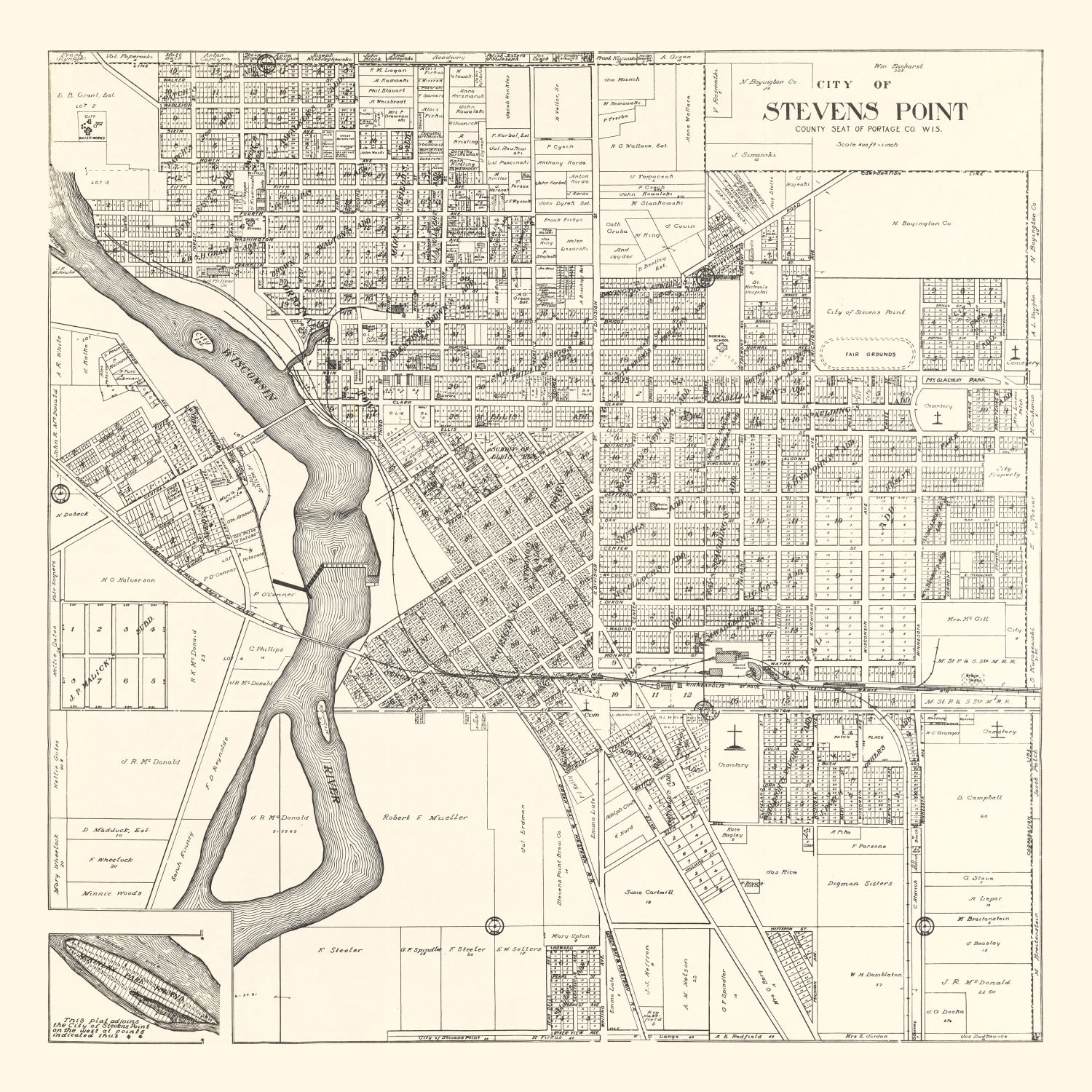 Vintage Map of Stevens Point, Wisconsin 1919