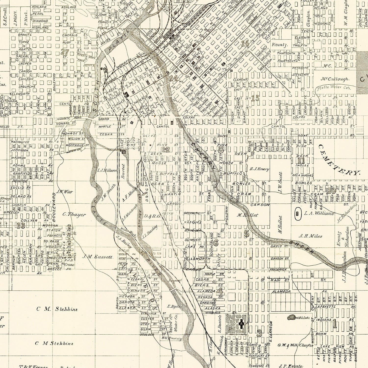 Vintage Map of Denver, Colorado 1882