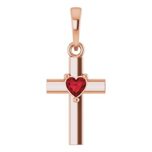 14K Rose Gold Natural Mozambique Garnet Heart Cross Pendant