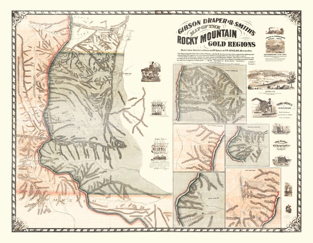 Vintage Rocky Mountain Gold Regions Map 1861