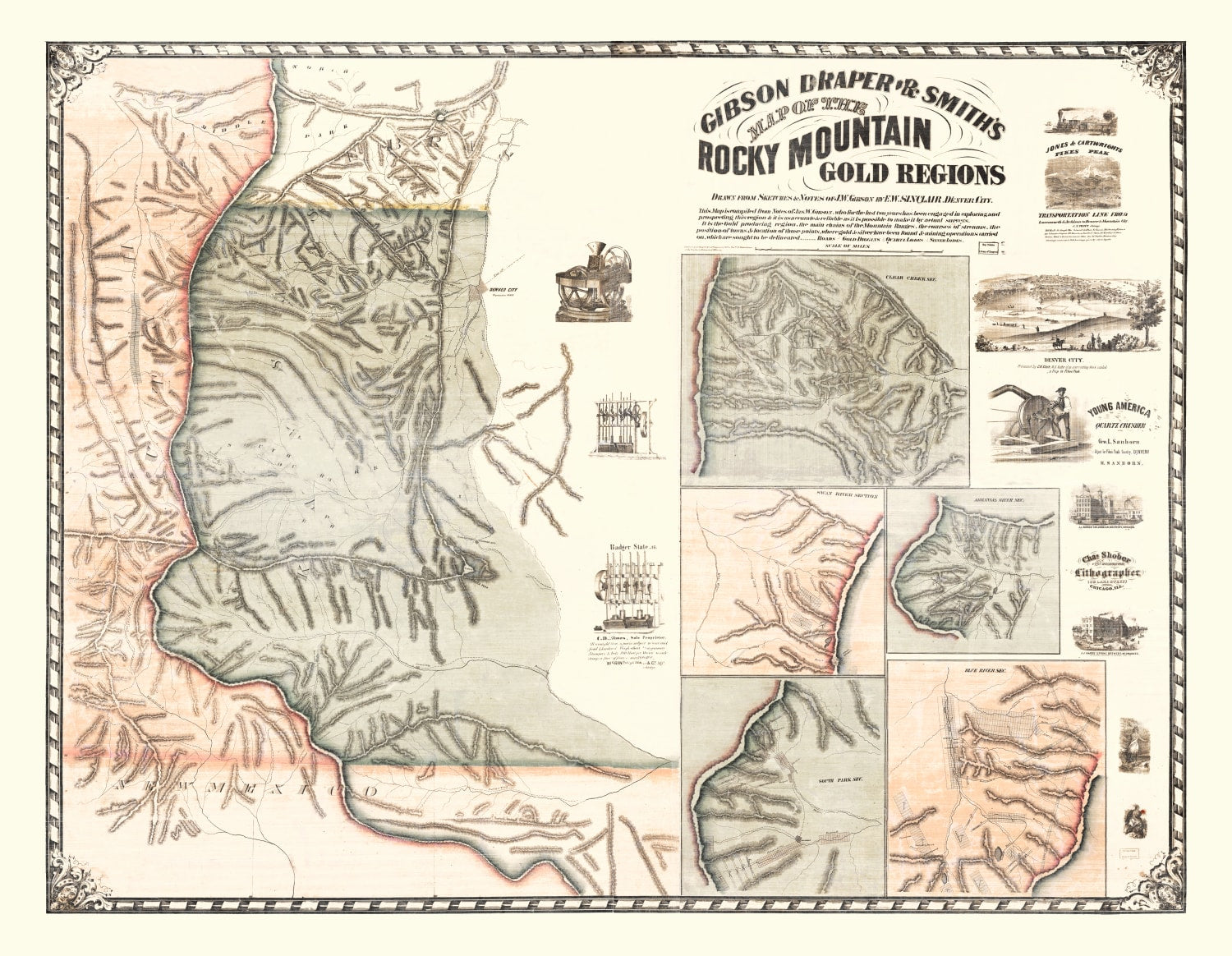 Vintage Rocky Mountain Gold Regions Map 1861