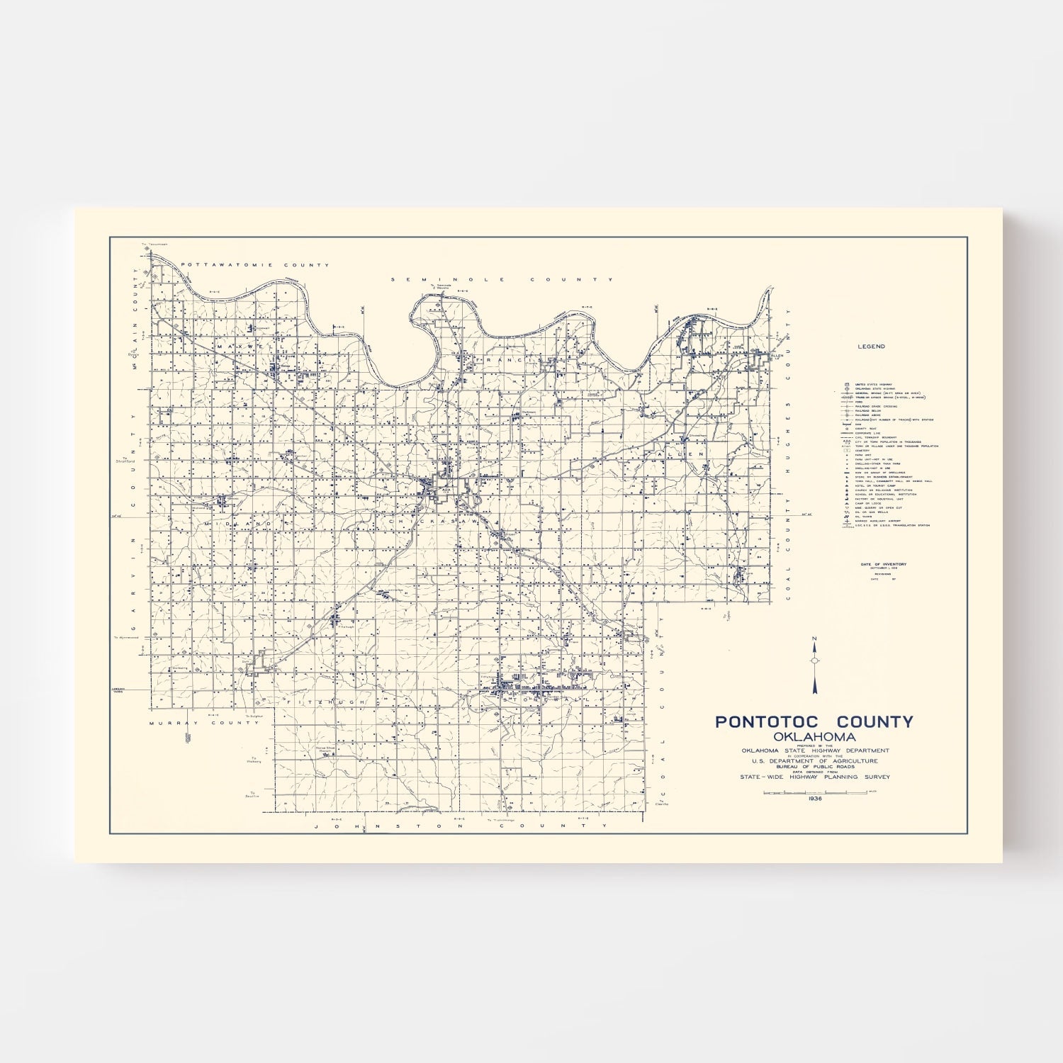Vintage Map of Pontotoc County, Oklahoma 1936