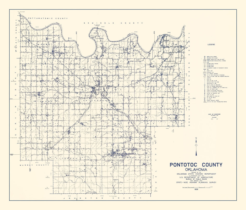 Vintage Map of Pontotoc County, Oklahoma 1936