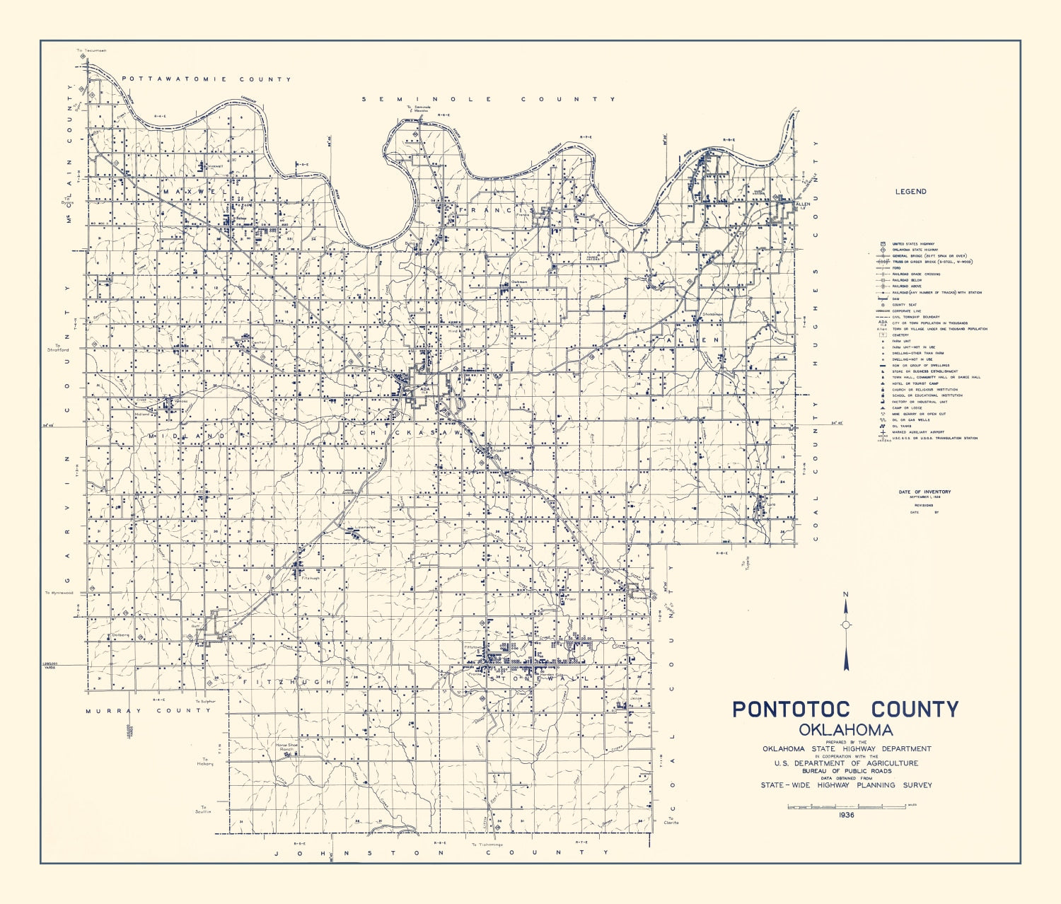 Vintage Map of Pontotoc County, Oklahoma 1936