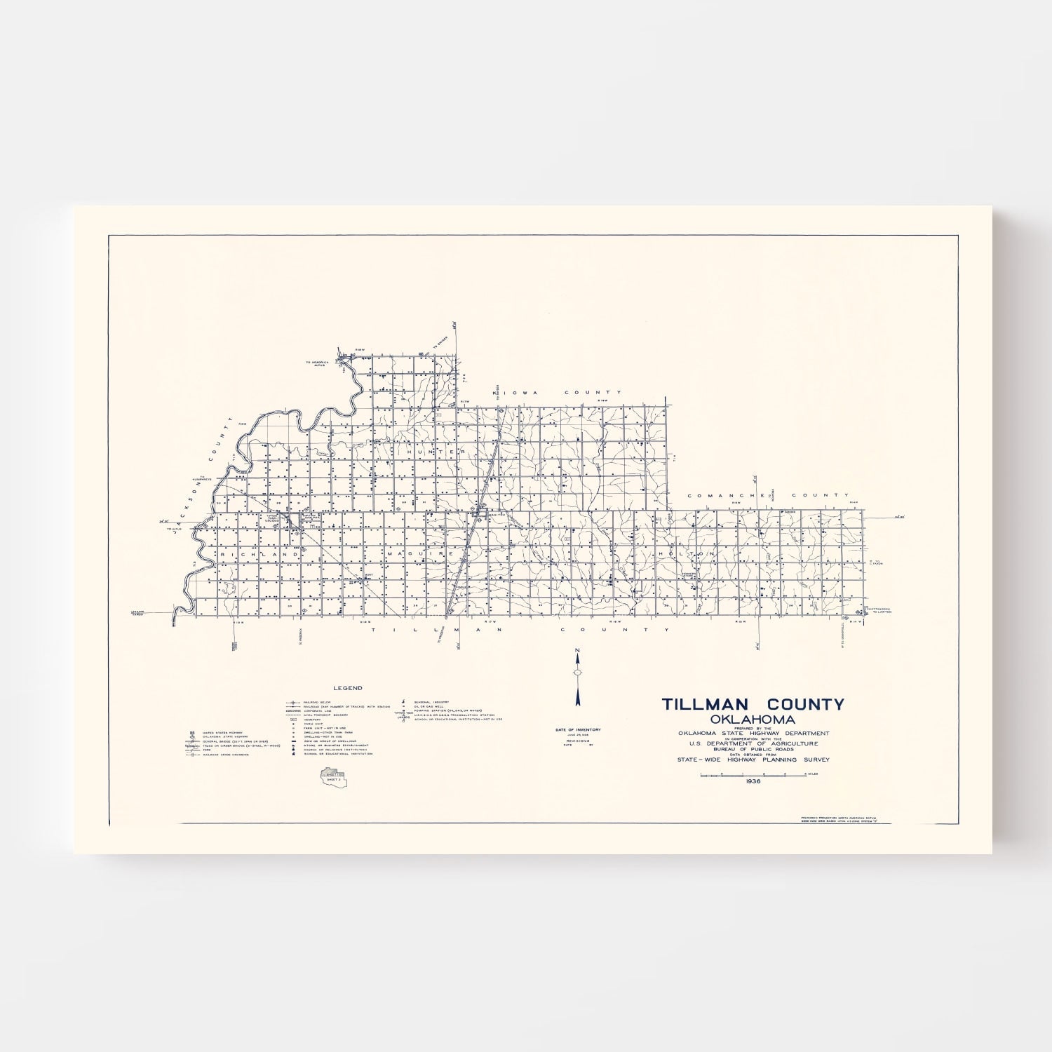 Vintage Map of Tillman County, Oklahoma 1936