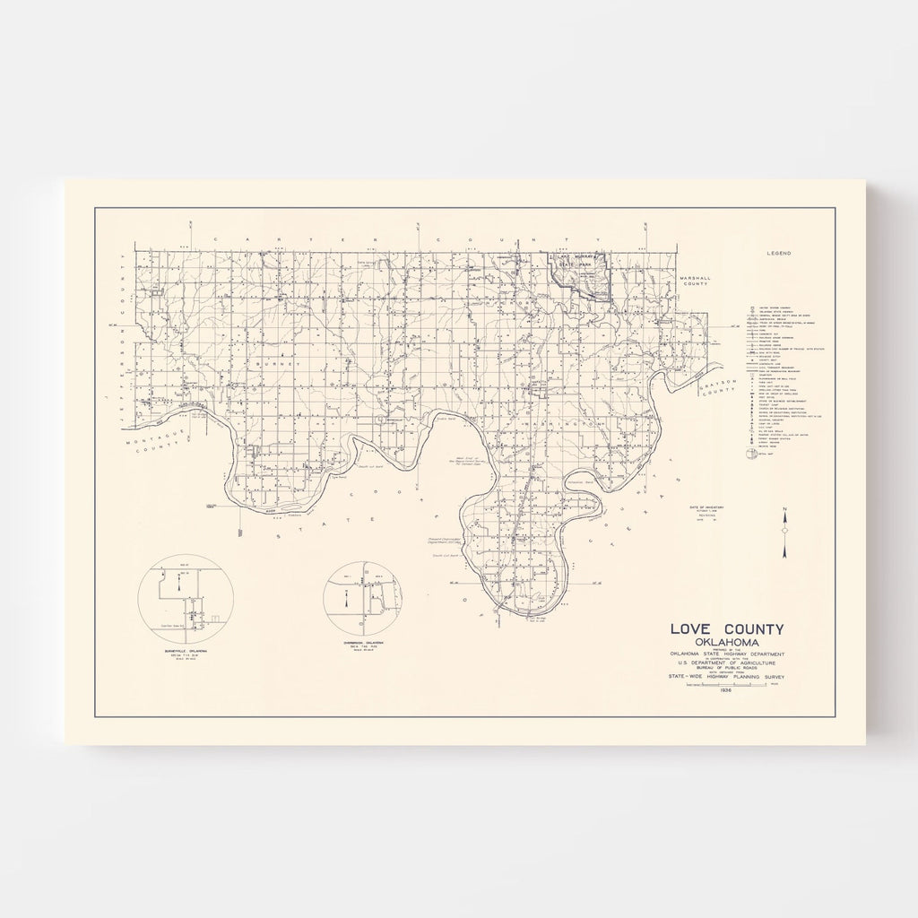 Vintage Map of Love County, Oklahoma 1936