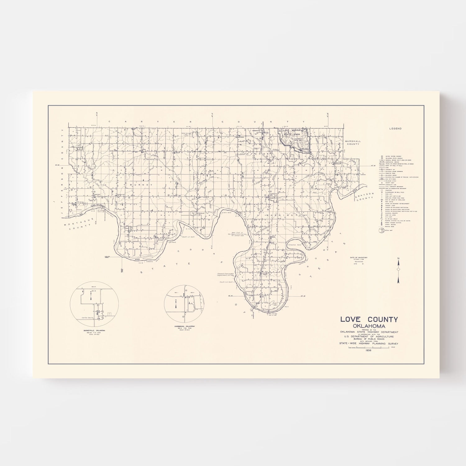 Vintage Map of Love County, Oklahoma 1936