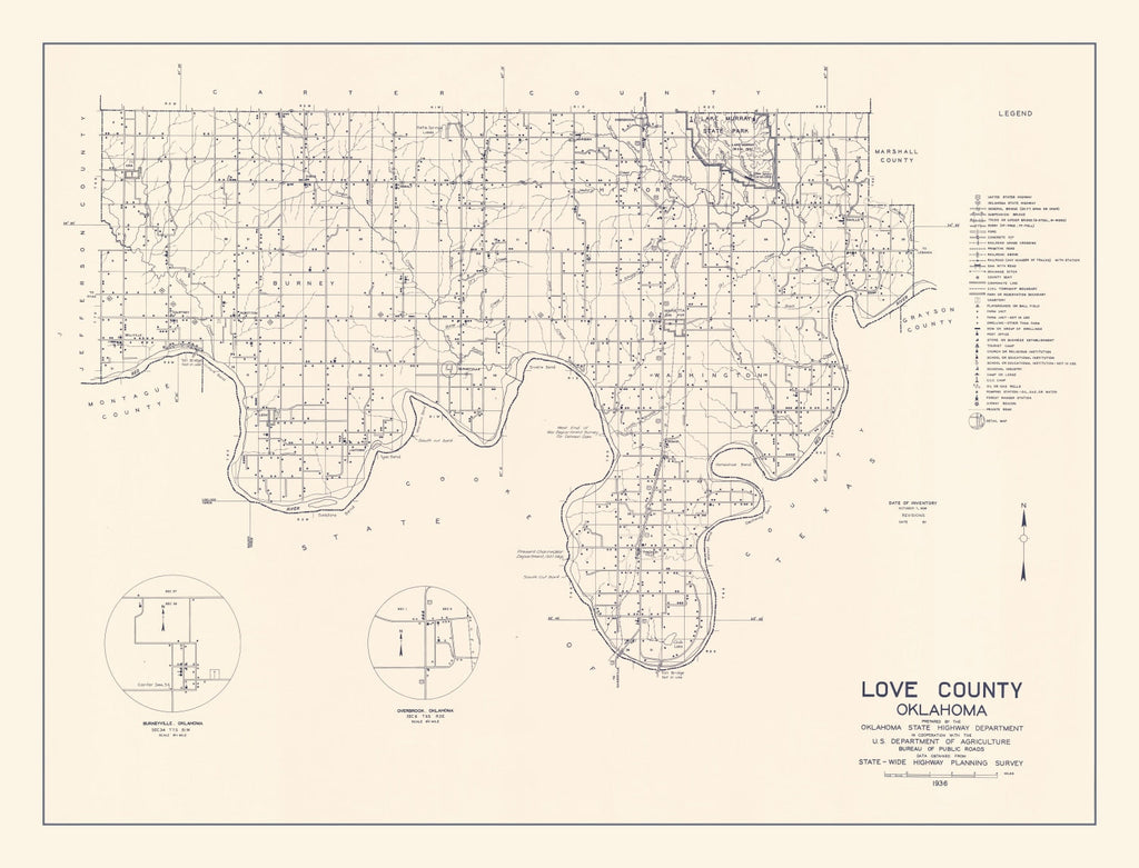 Vintage Map of Love County, Oklahoma 1936