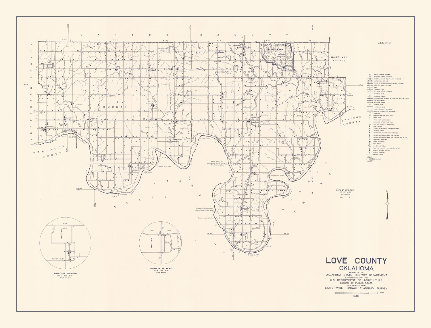 Vintage Map of Love County, Oklahoma 1936