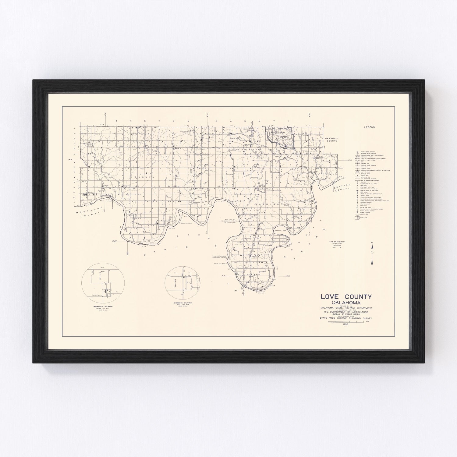 Vintage Map of Love County, Oklahoma 1936