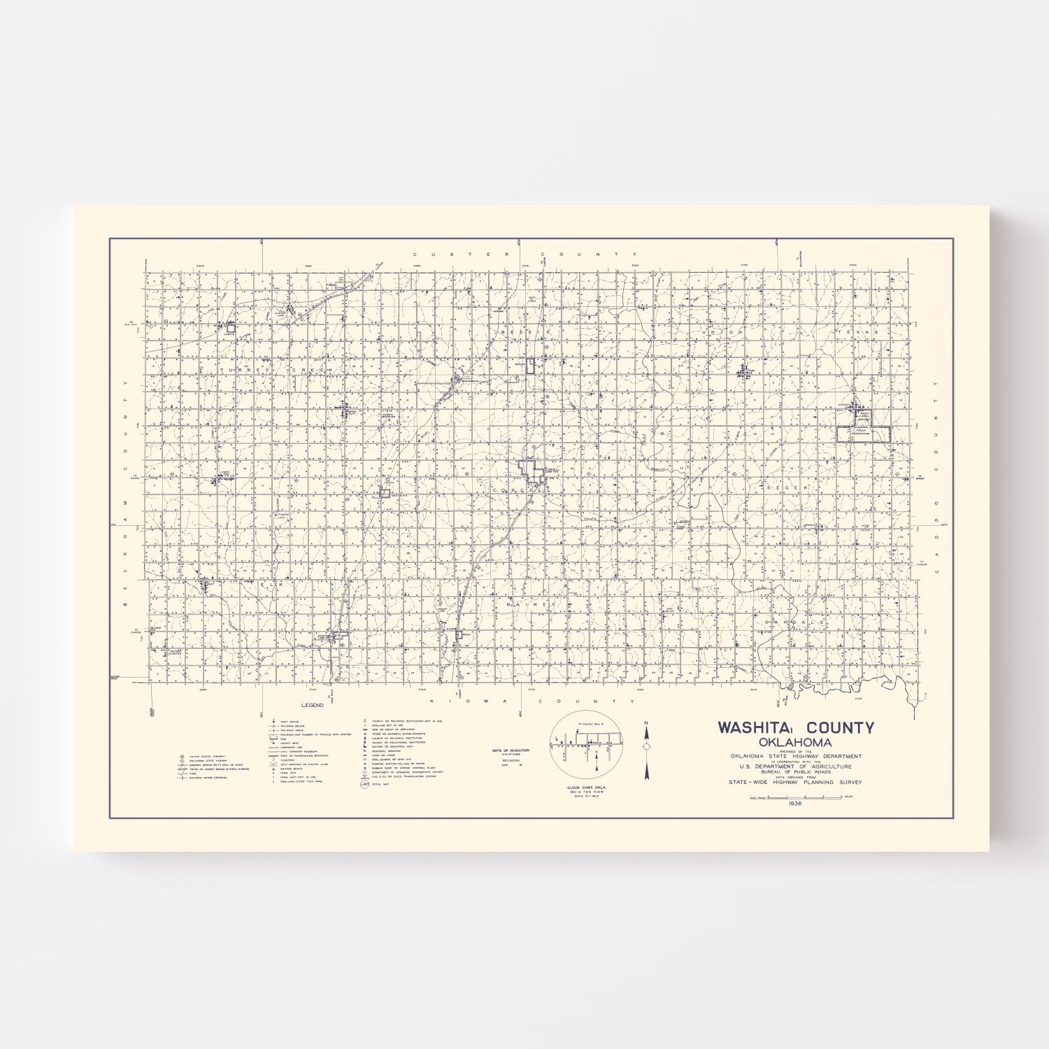 Vintage Map of Washita County, Oklahoma 1936