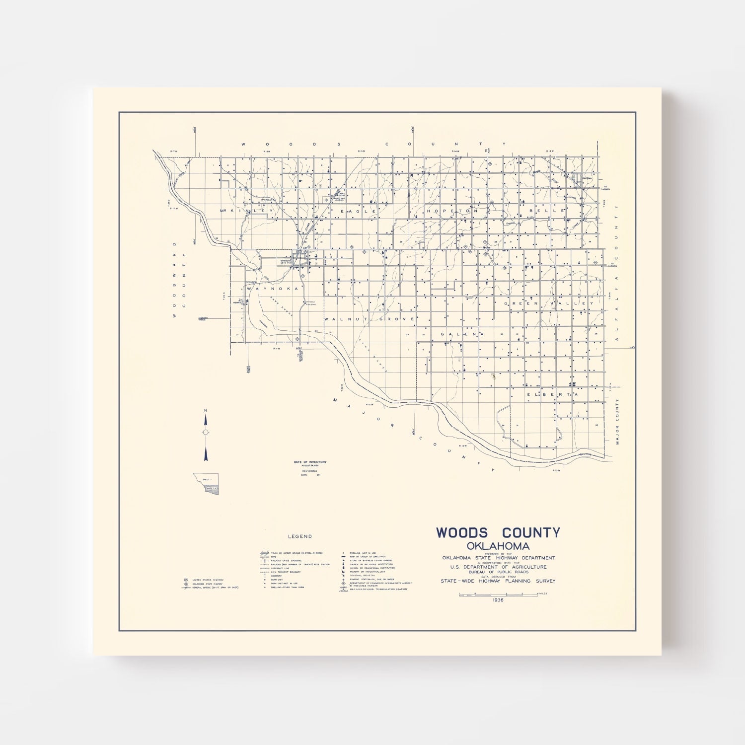 Vintage Map of Woods County, Oklahoma 1936