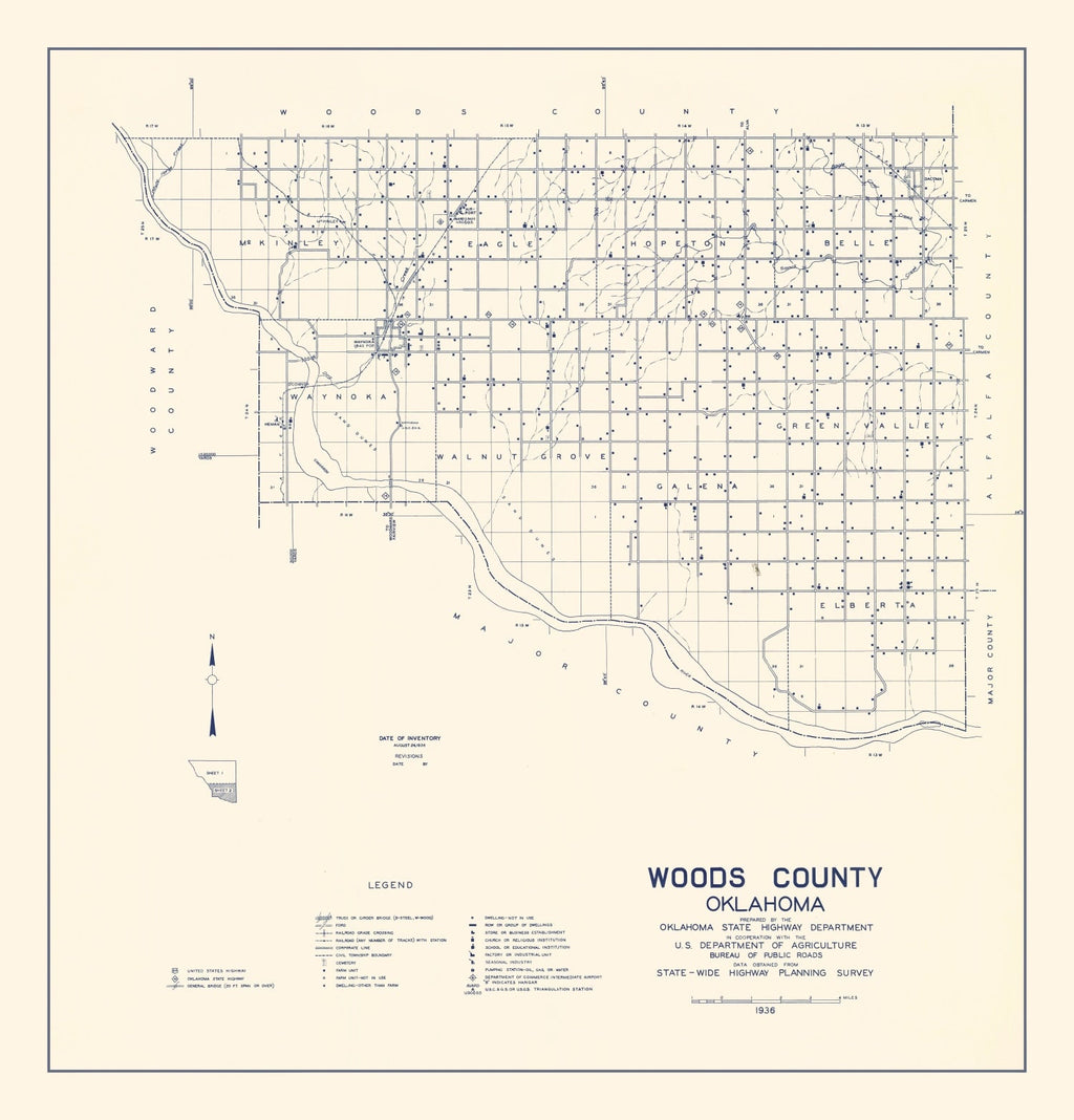 Vintage Map of Woods County, Oklahoma 1936