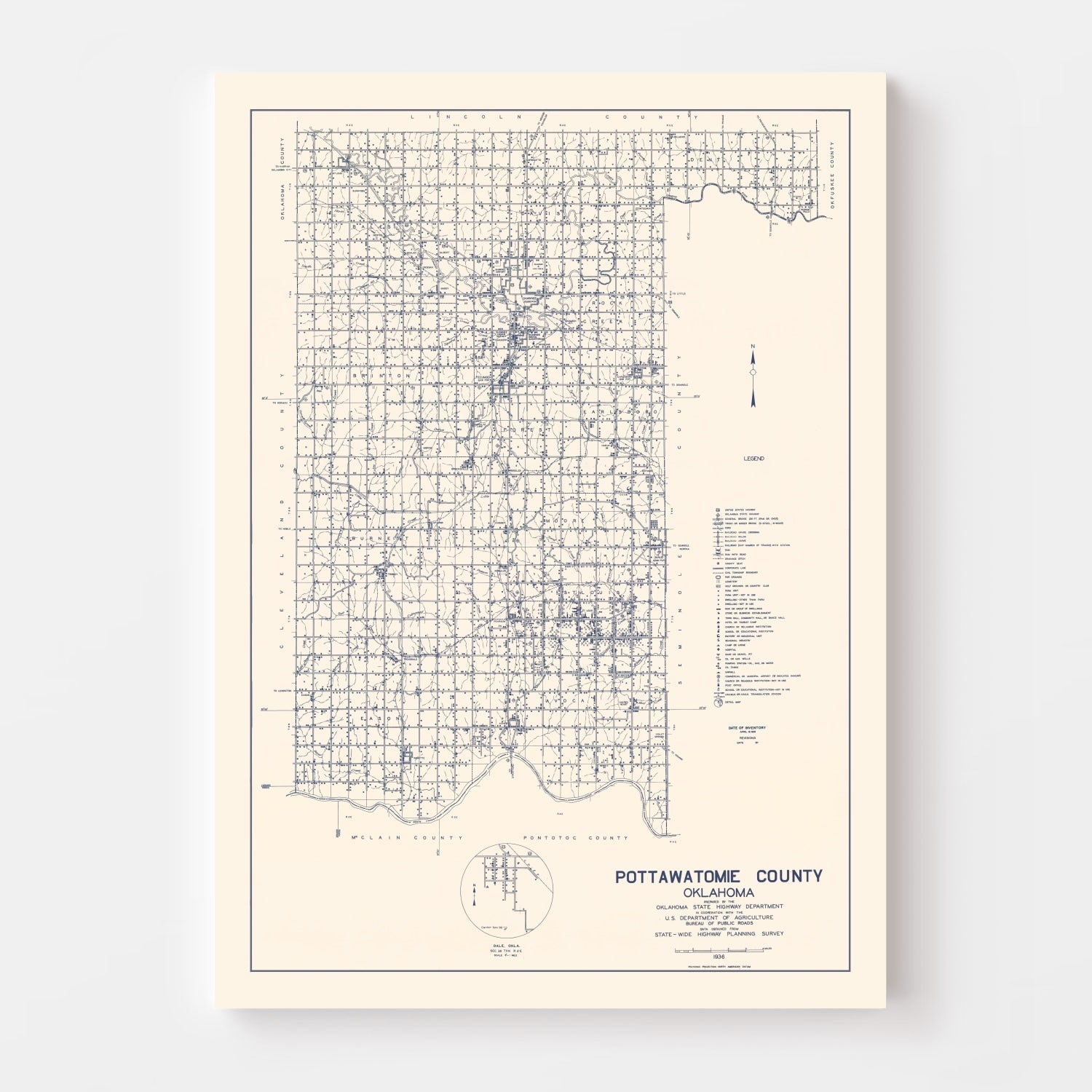 Vintage Map of Pottawatomie County, Oklahoma 1936