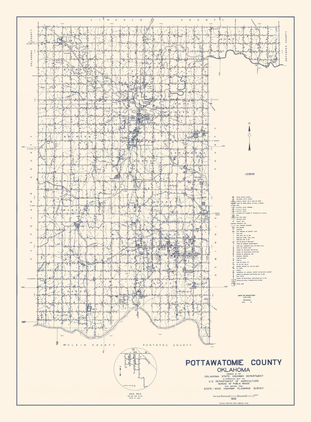Vintage Map of Pottawatomie County, Oklahoma 1936