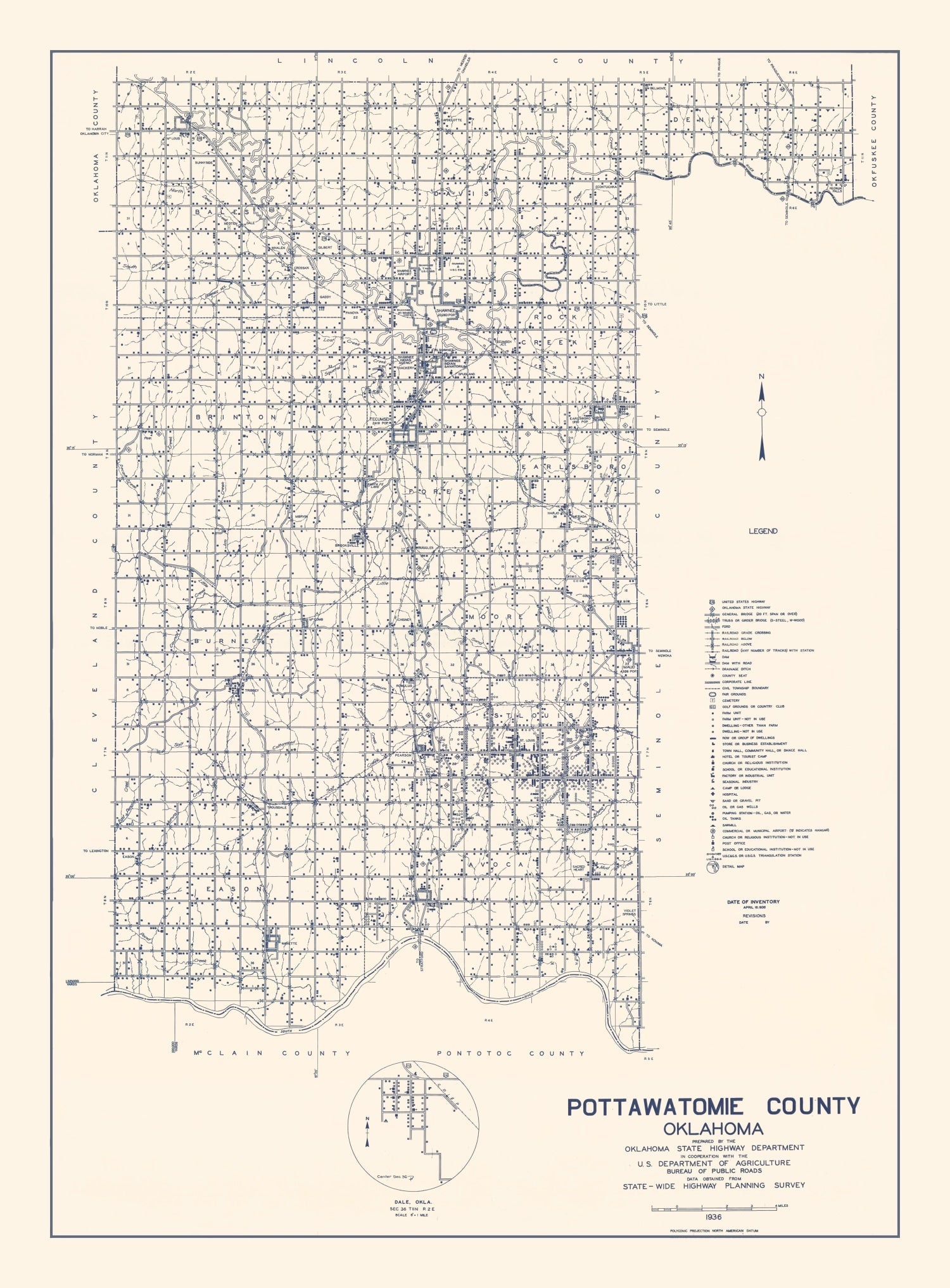 Vintage Map of Pottawatomie County, Oklahoma 1936