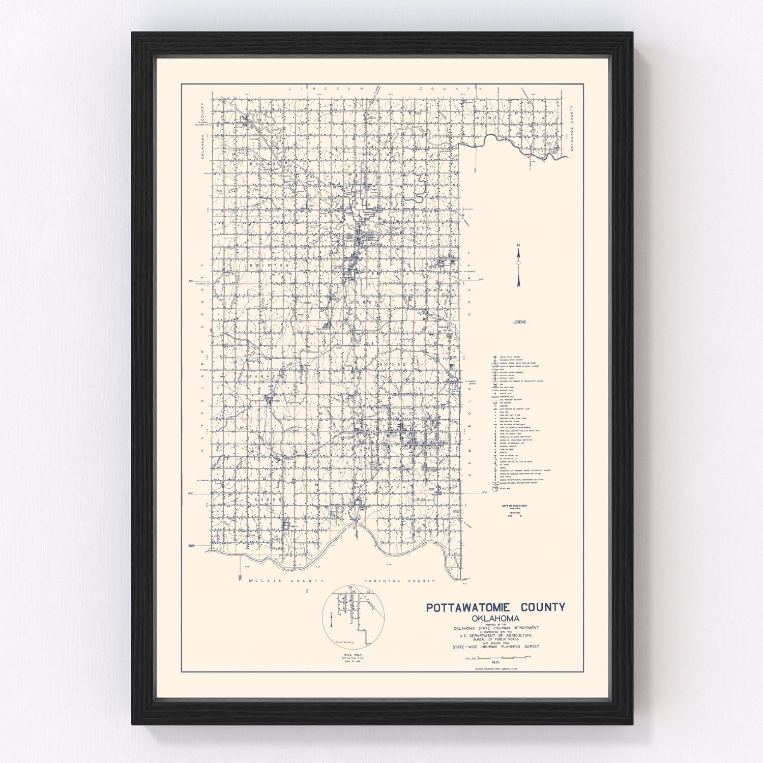 Vintage Map of Pottawatomie County, Oklahoma 1936