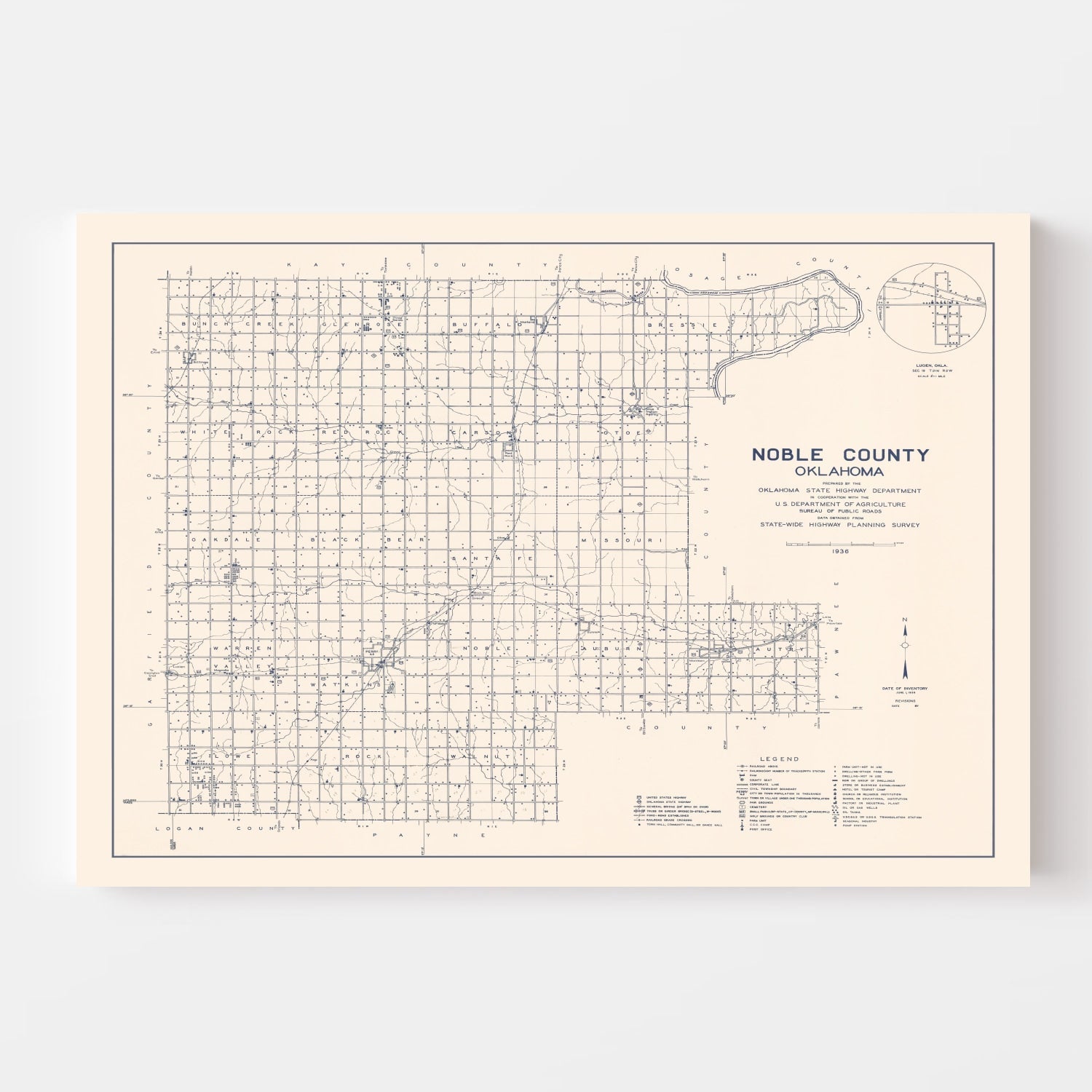Vintage Map of Noble County, Oklahoma 1936