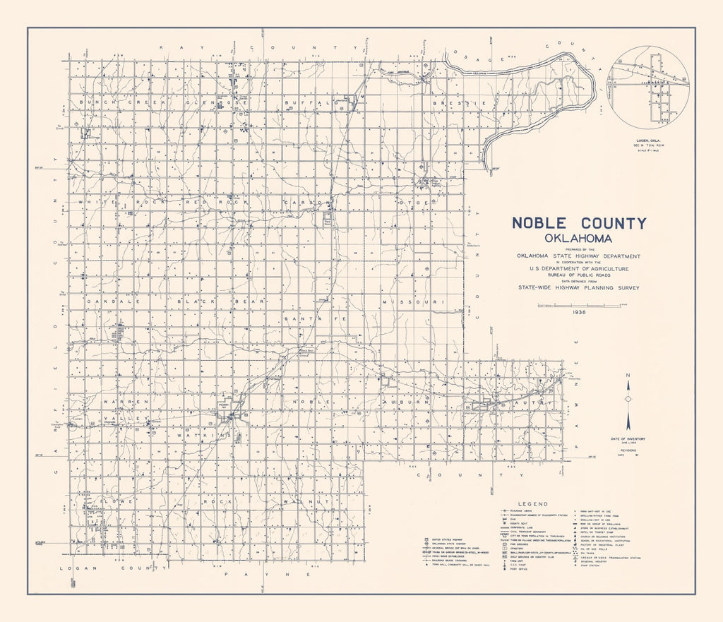 Vintage Map of Noble County, Oklahoma 1936