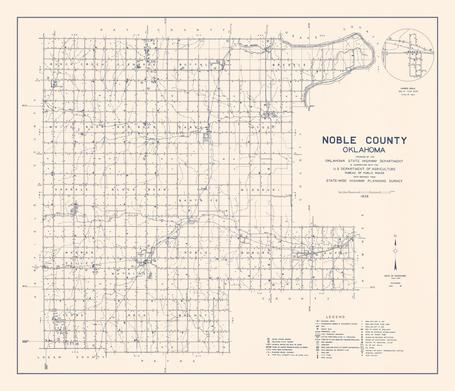 Vintage Map of Noble County, Oklahoma 1936