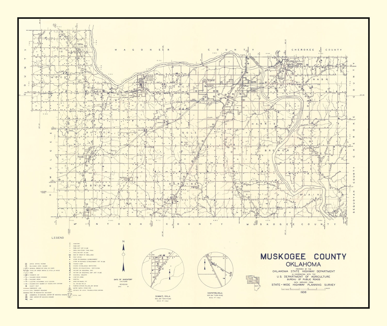 Vintage Map of Muskogee County, Oklahoma 1936