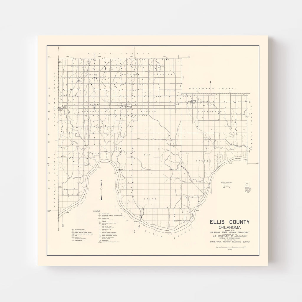 Vintage Map of Ellis County, Oklahoma 1936