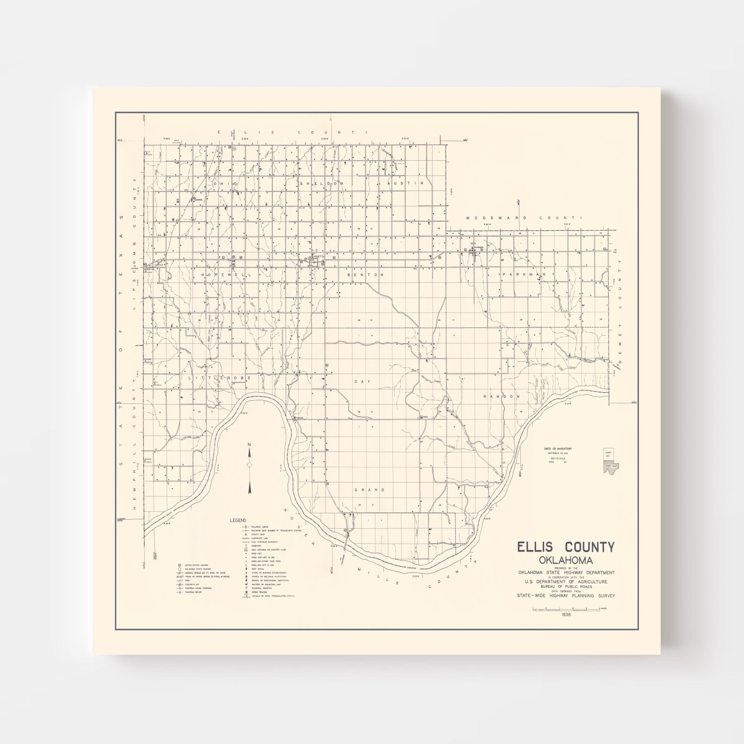 Vintage Map of Ellis County, Oklahoma 1936
