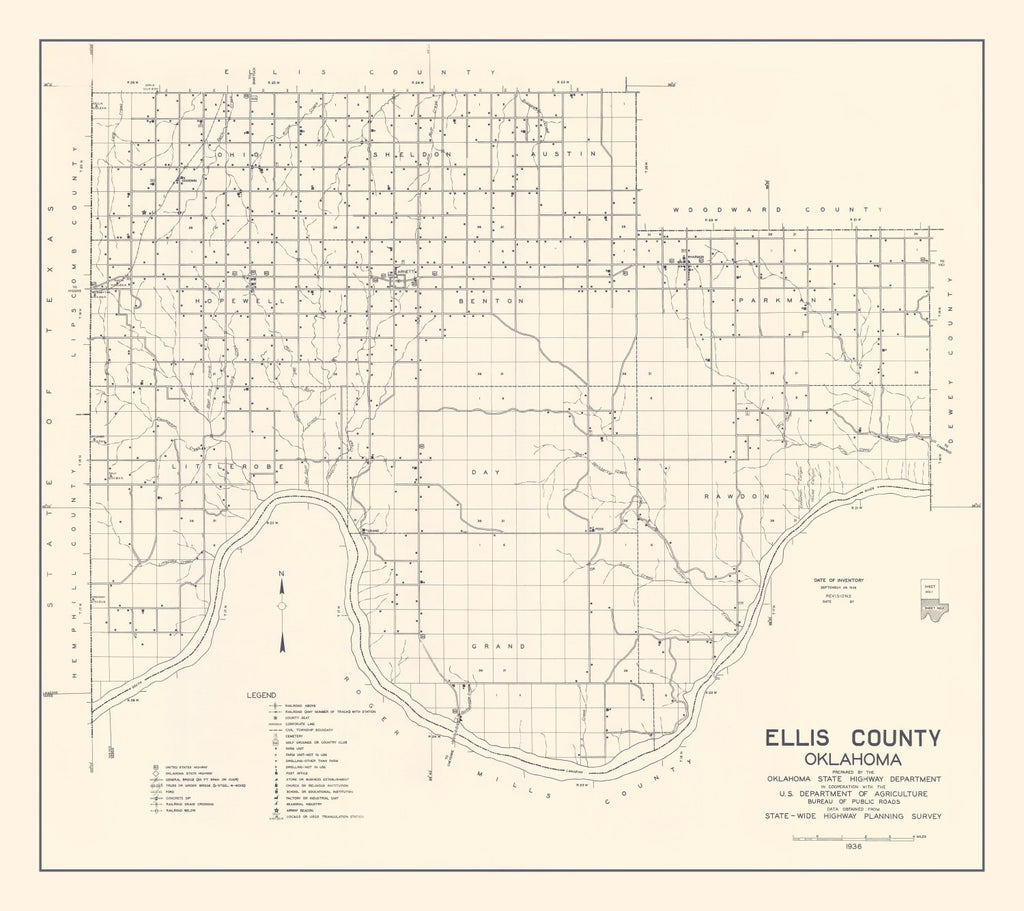 Vintage Map of Ellis County, Oklahoma 1936