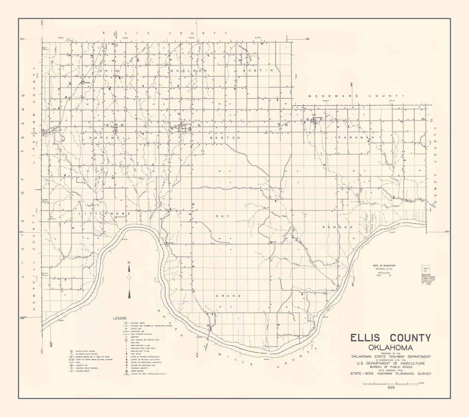 Vintage Map of Ellis County, Oklahoma 1936