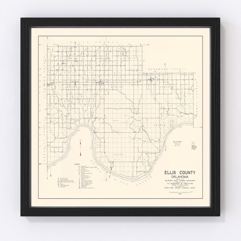 Vintage Map of Ellis County, Oklahoma 1936