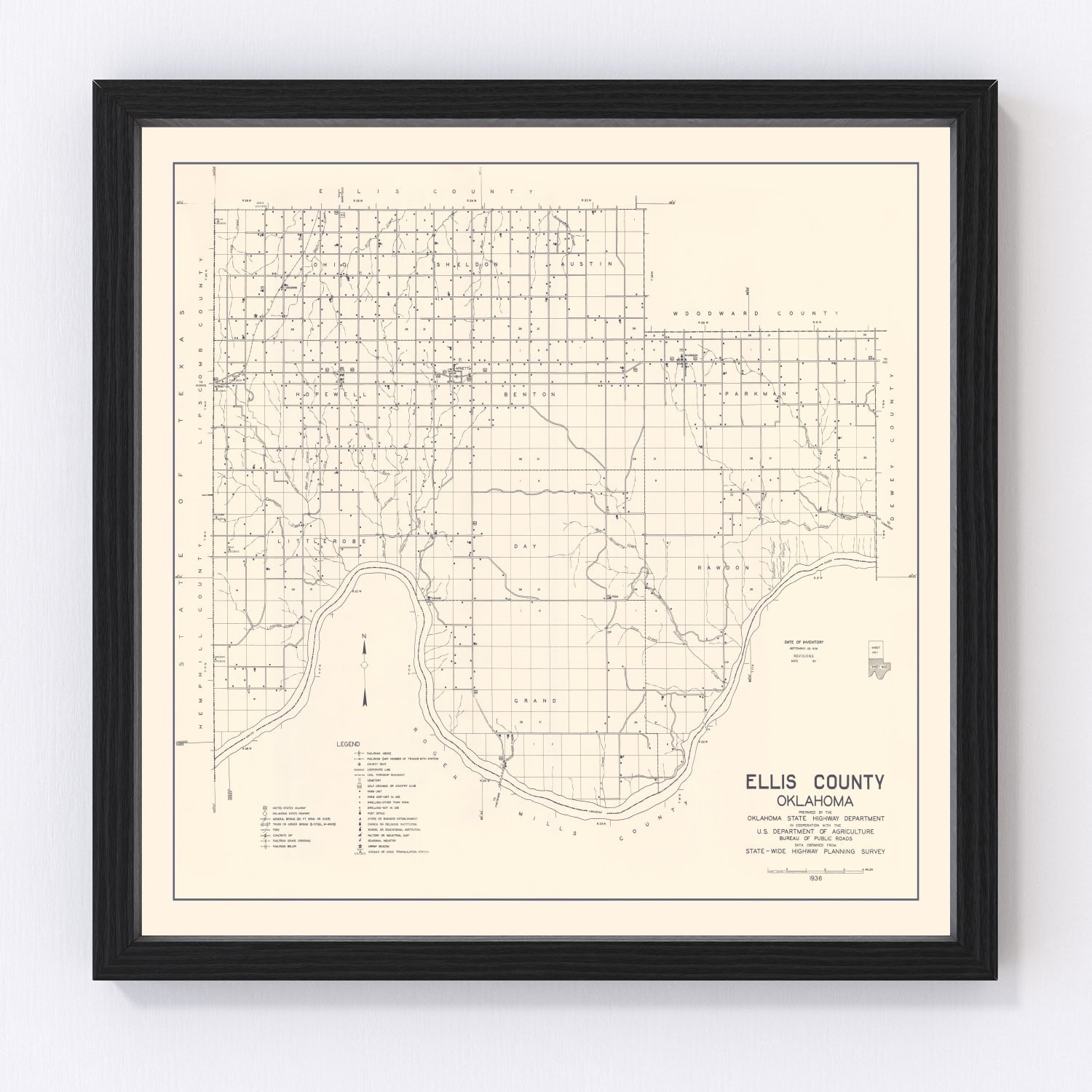 Vintage Map of Ellis County, Oklahoma 1936